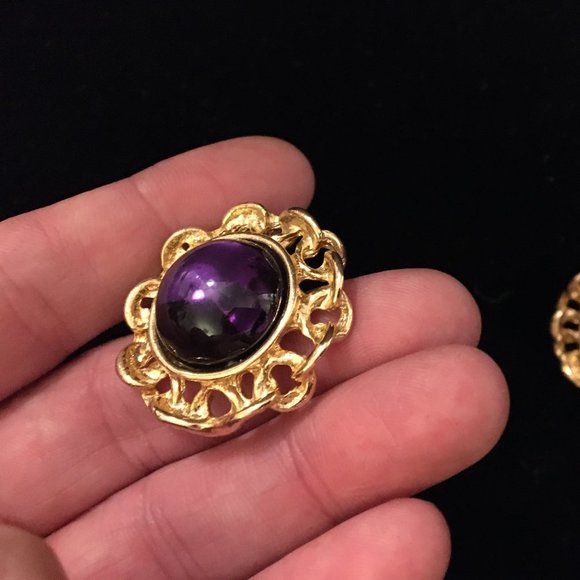 Pierced Earrings Vintage Retro Purple Convex Gold - Picture 7 of 9